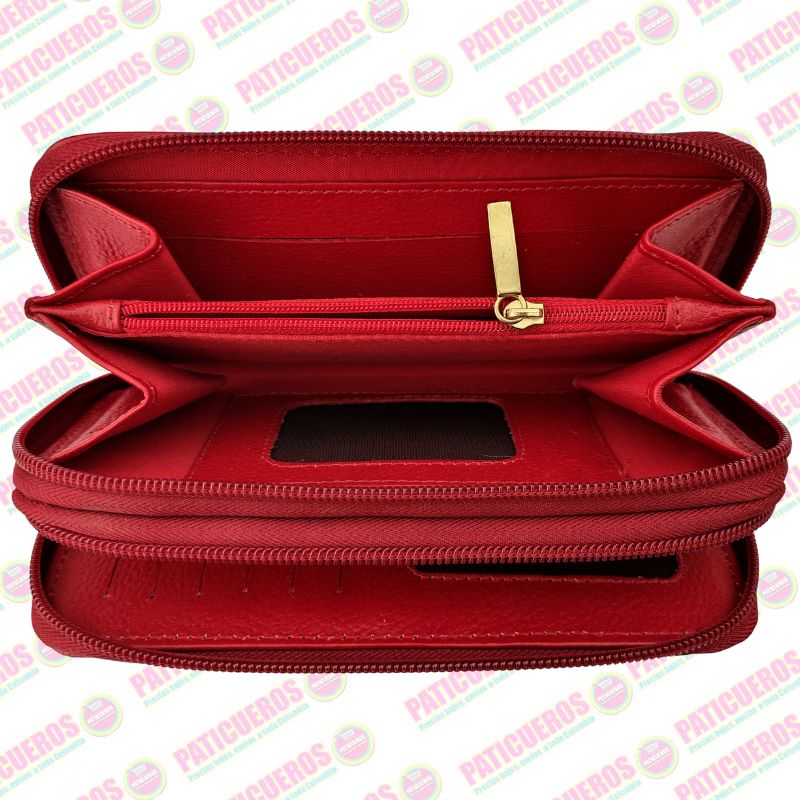 Billetera Larga de Cuero para Mujer con Doble Cremallera y Porta Celular