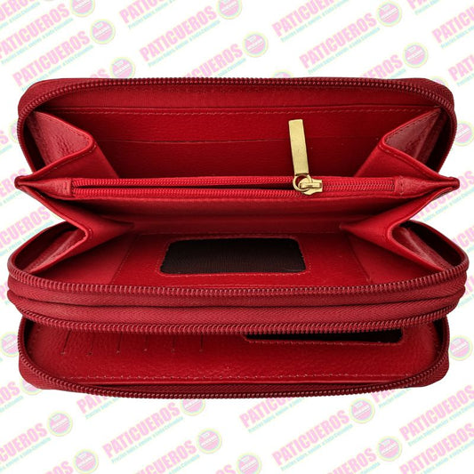 Billetera Larga de Cuero para Mujer con Doble Cremallera y Porta Celular